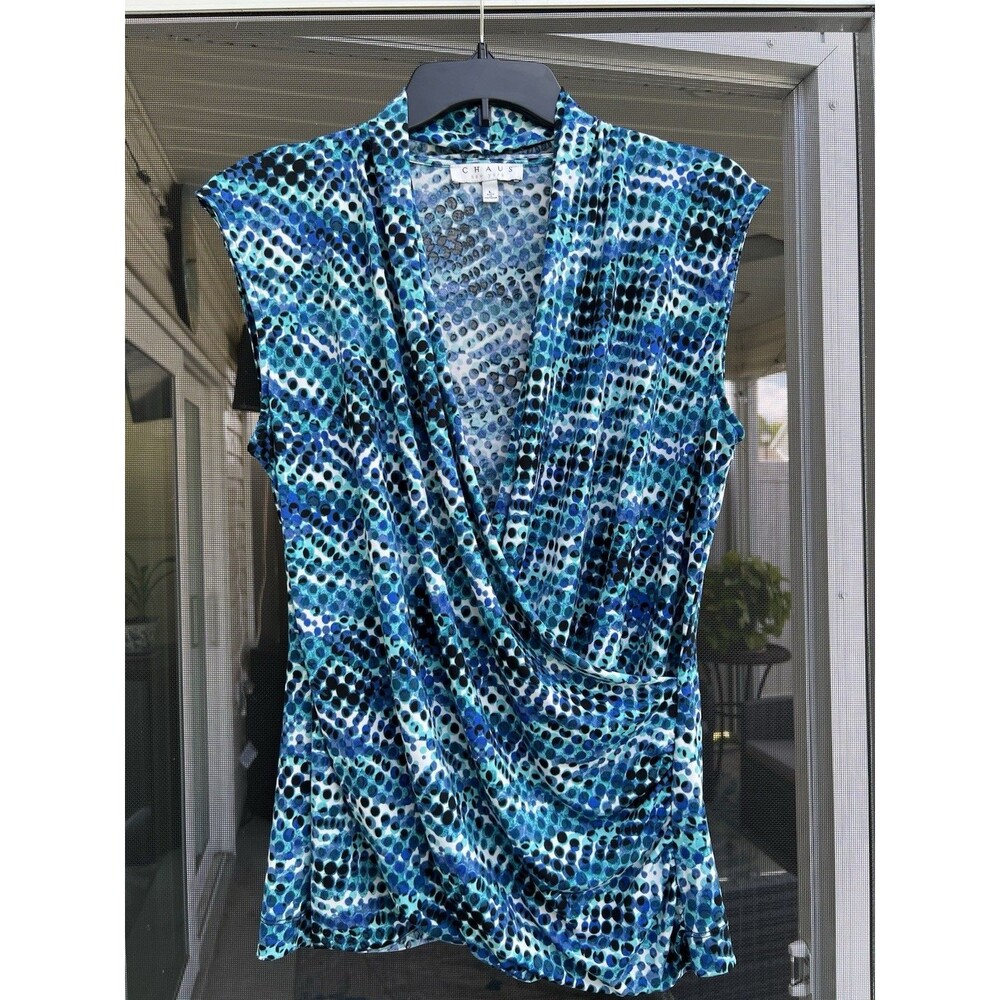 Chaus Wrap Look Front Sleeveless Top Blue Dots Size L